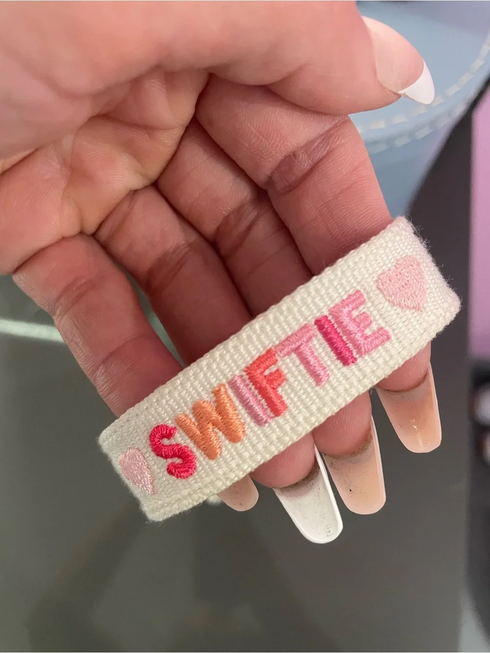 Swiftie Embroidered Cream Friendship Bracelet with Pink Accents T swift. ✨💕